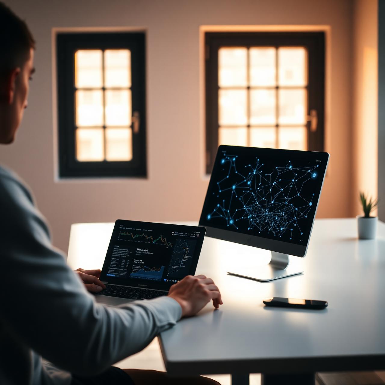 A focused professional working alongside an AI agent flow on a second monitor